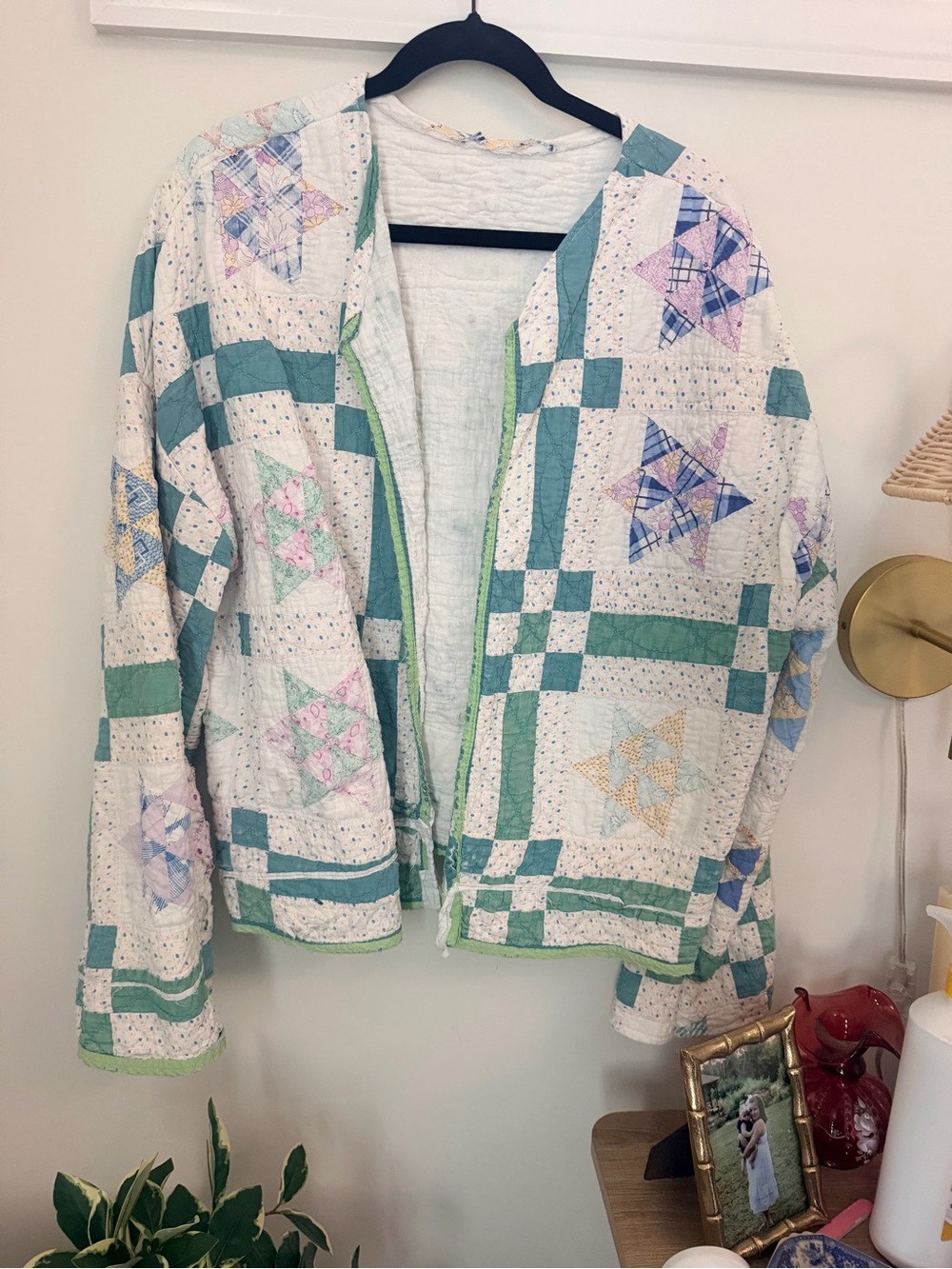 Vintage Handmade Quilted Patchwork Jacket in Teal & White